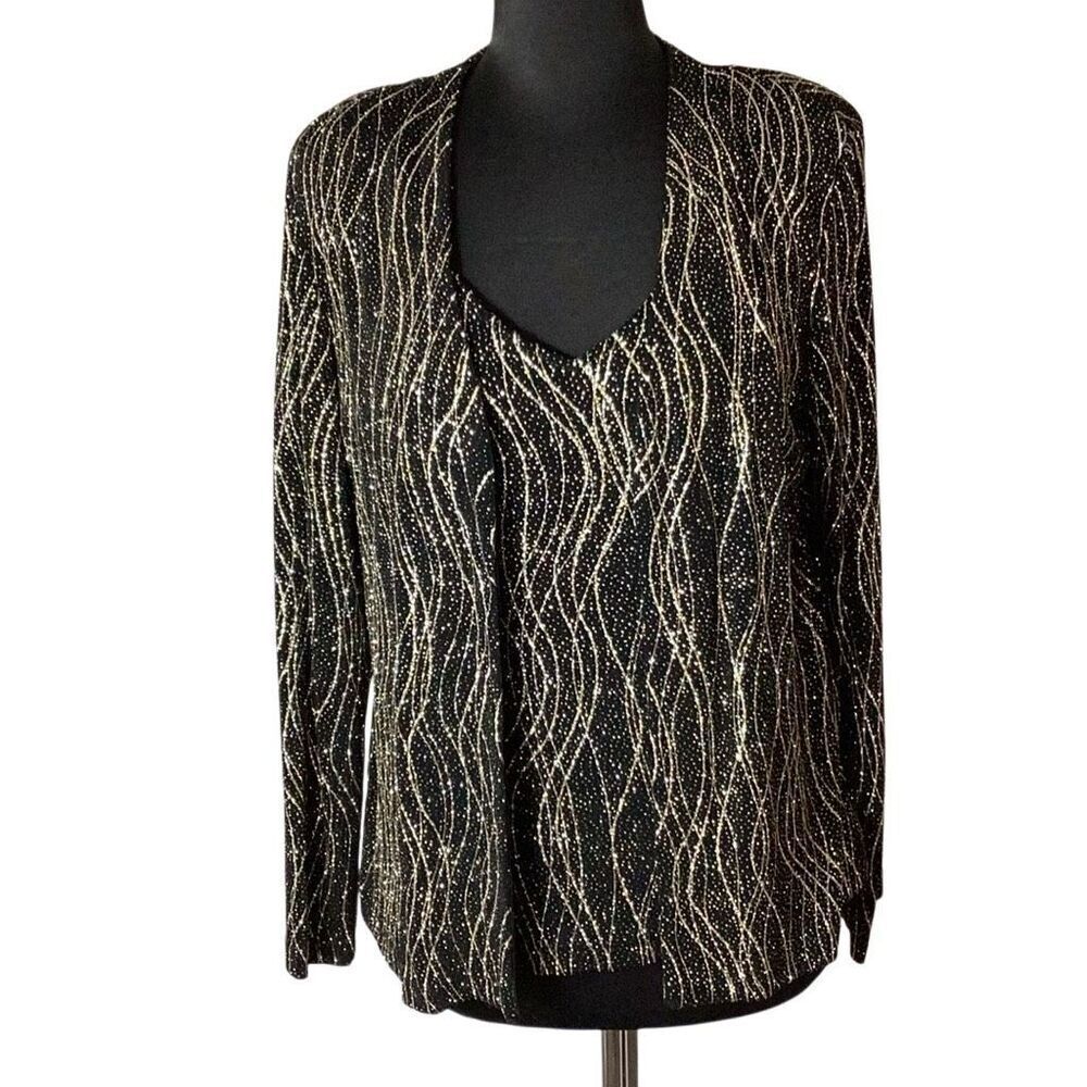 Vintage Ronni Nicole Evenings Sz L Black & Gold Metallic 2-Piece Jacket & Shell - Picture 2 of 8